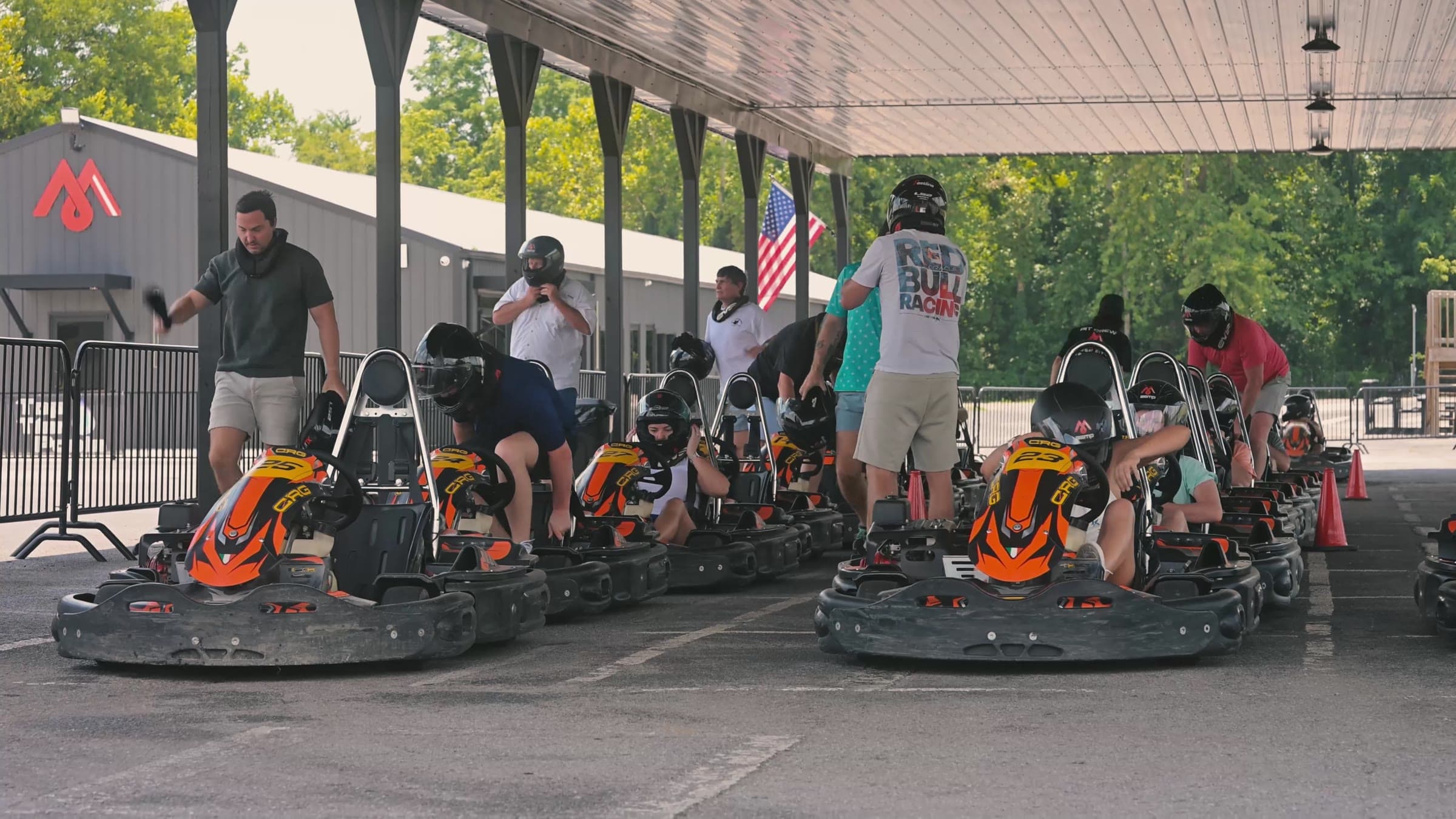 A group getting into rental karts together at Music City Kartplex