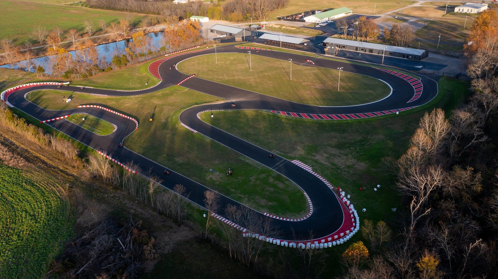 Wide view of the Music City Kartplex circuit at dusk
